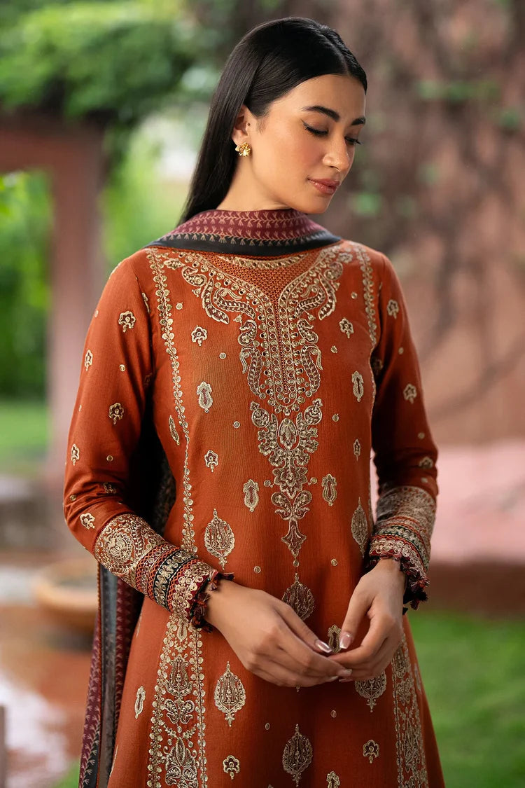 BrandsInn-3PC DHANAK EMBROIDERED SHIRT WITH COURTRAI PRINTED SHAWL AND TROUSER-BI-4012