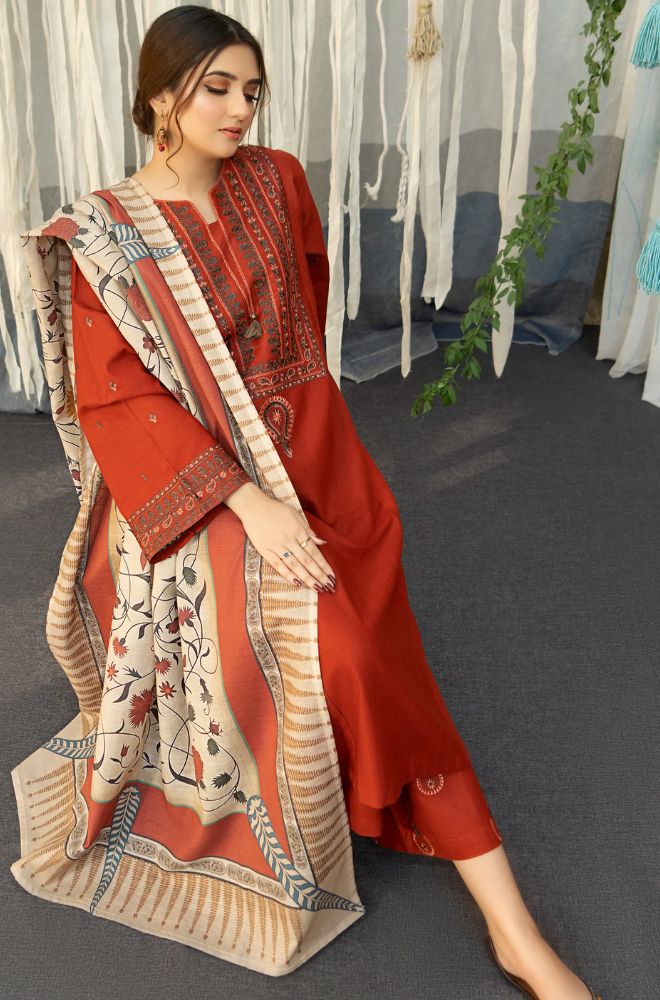 BrandsInn - 3PC DHANAK EMBROIDERED SHIRT WITH COUTURE WOOL PRINT SHAWL AND TROUSER-BIC-4019