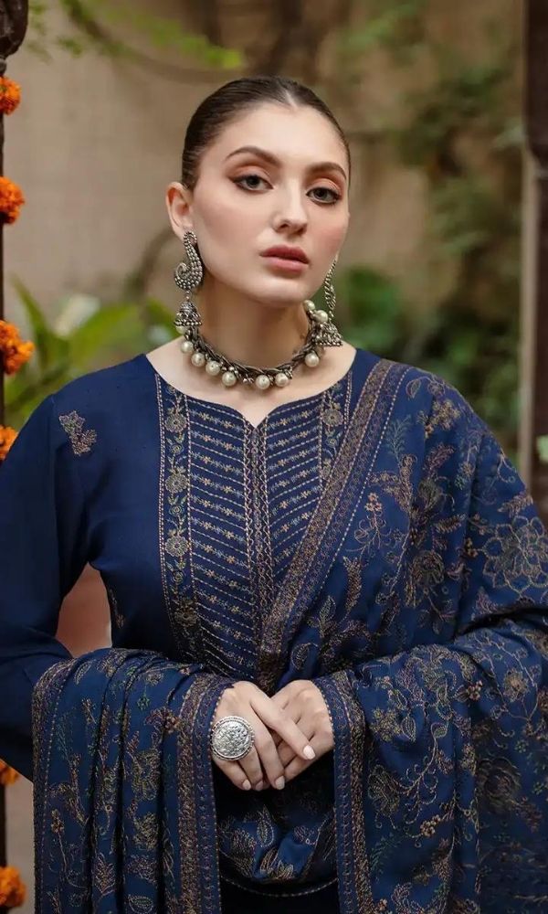 BrandsInn - 3PC DHANAK EMBROIDERED SHIRT WITH DHANAK EMBROIDERED SHAWL AND TROUSER -BIC-4006