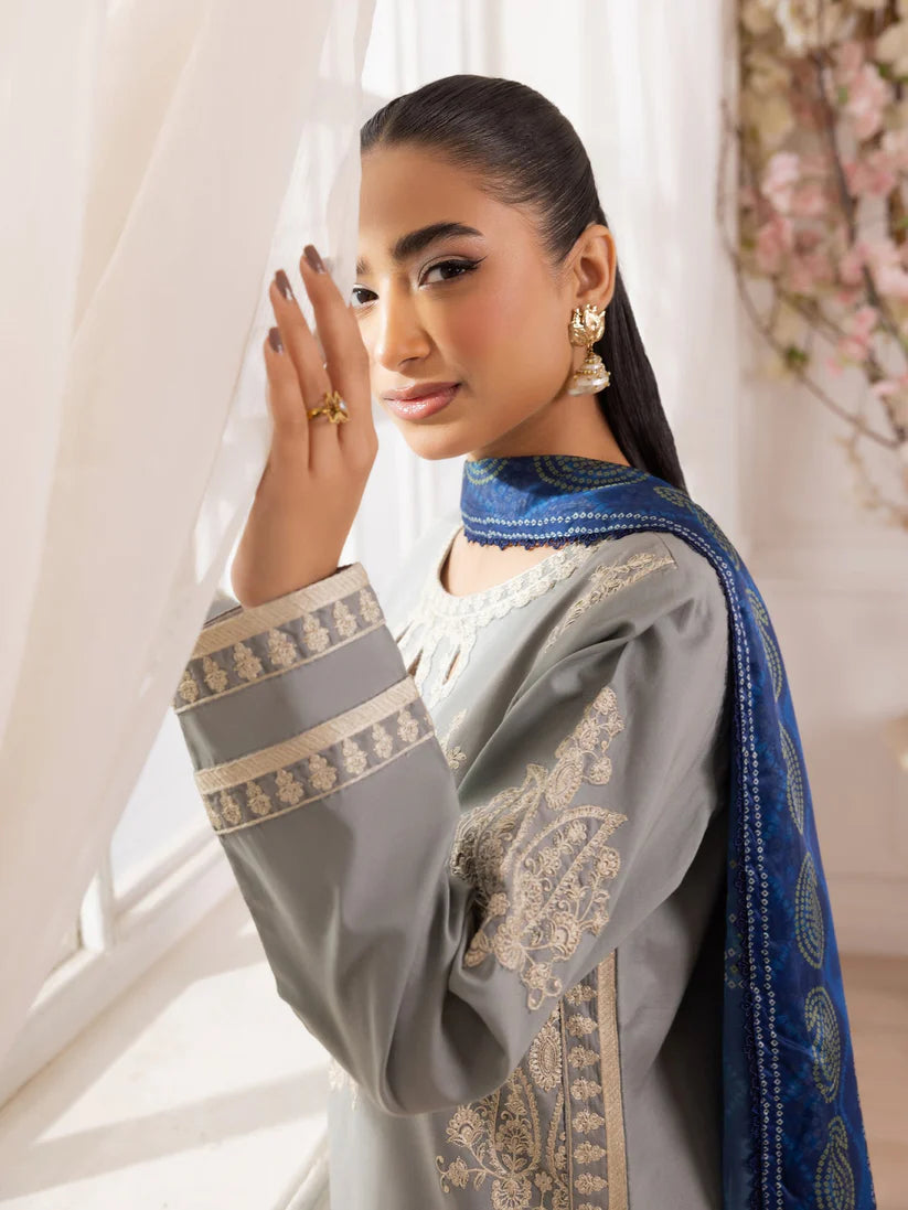 BrandsInn-3PC LAWN EMBROIDERED SHIRT WITH MONARK PRINTED DUPATTA AND TROUSER-BI-348