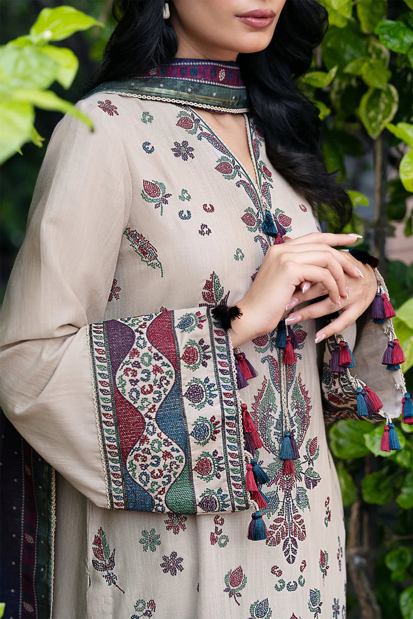 BrandsInn-3PC DHANAK EMBROIDRED SHIRT WITH WOOL PRINT SHAWL AND TROUSER-BI-4062