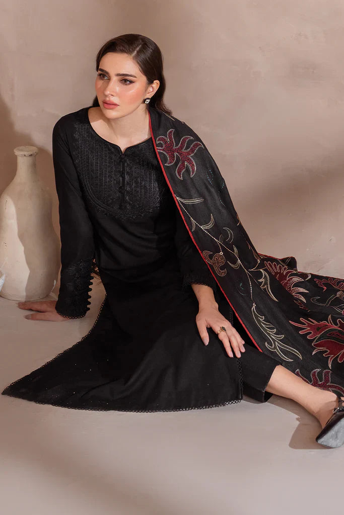 BrandsInn-3PC DHANAK EMBROIDERED SHIRT WITH DHANAK EMBROIDERED SHAWL & TROUSER-BI-4131