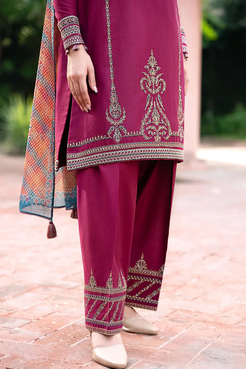 BRANDSINN - 3PC DHANAK EMBROIDERED SHIRT WITH WOOL PRINTED SHAWL & TROUSER -BI-4036