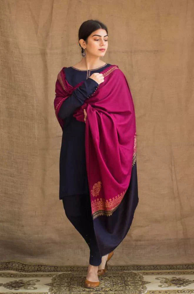BrandsInn - 3PC DHANAK EMBROIDERED SHIRT WITH WOOL PRINT SHAWL -BI-4102