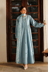 BrandsInn-3PC LAWN CHIKANKAARI EMB FROCK WITH CHIFFON PRINTED DUPATTA & DYED TROUSER-BI-4887