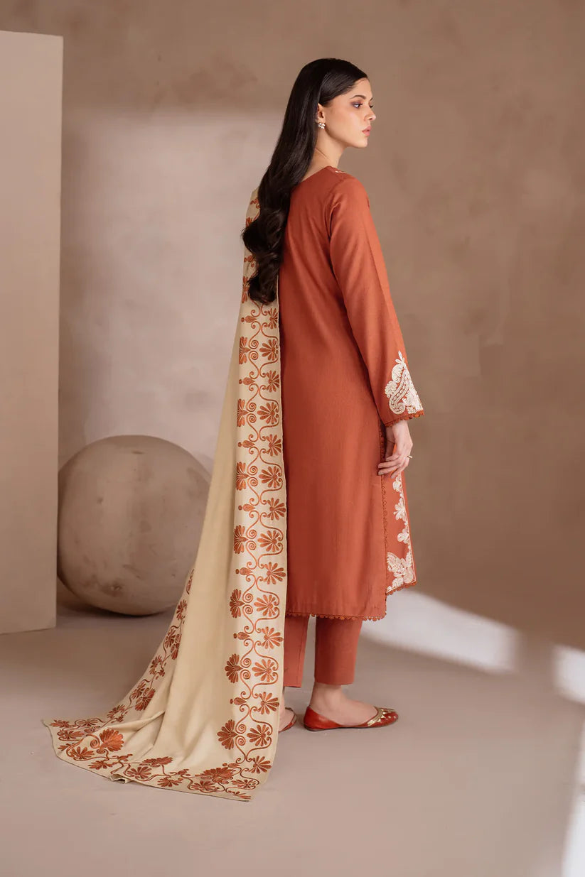 BrandsInn-3PC DHANAK EMBROIDERED SHIRT WITH DHANAK EMBROIDERED SHAWL & TROUSER-BI-4122