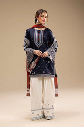 BrandsInn-3PC DHANAK EMBROIDERED SHIRT WITH WOOL PRINTED SHAWL AND EMB TROUSER-BI-5104
