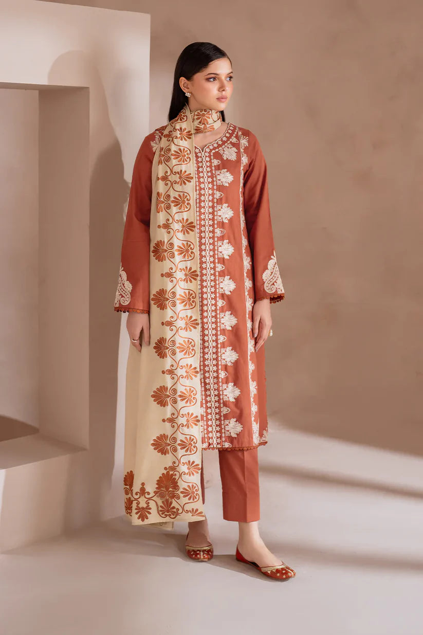 BrandsInn-3PC DHANAK EMBROIDERED SHIRT WITH DHANAK EMBROIDERED SHAWL & TROUSER-BI-4122