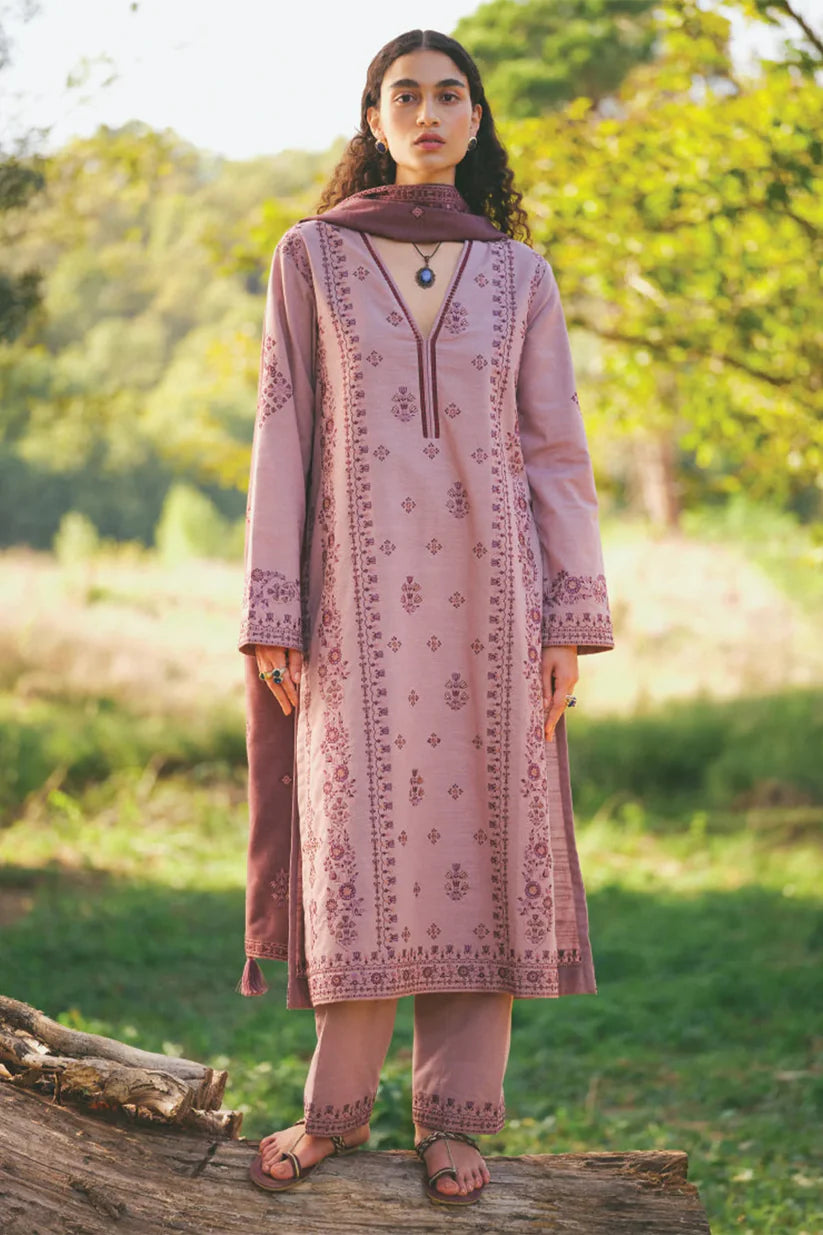 BrandsInn-3PC DHANAK EMBROIDERED SHIRT WITH DHANAK EMBROIDERED SHAWL AND TROUSER-BI-4055