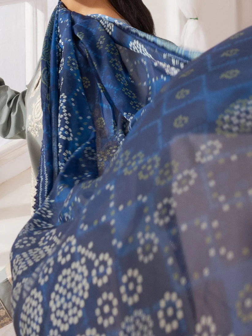 BrandsInn-3PC LAWN EMBROIDERED SHIRT WITH MONARK PRINTED DUPATTA AND TROUSER-BI-348