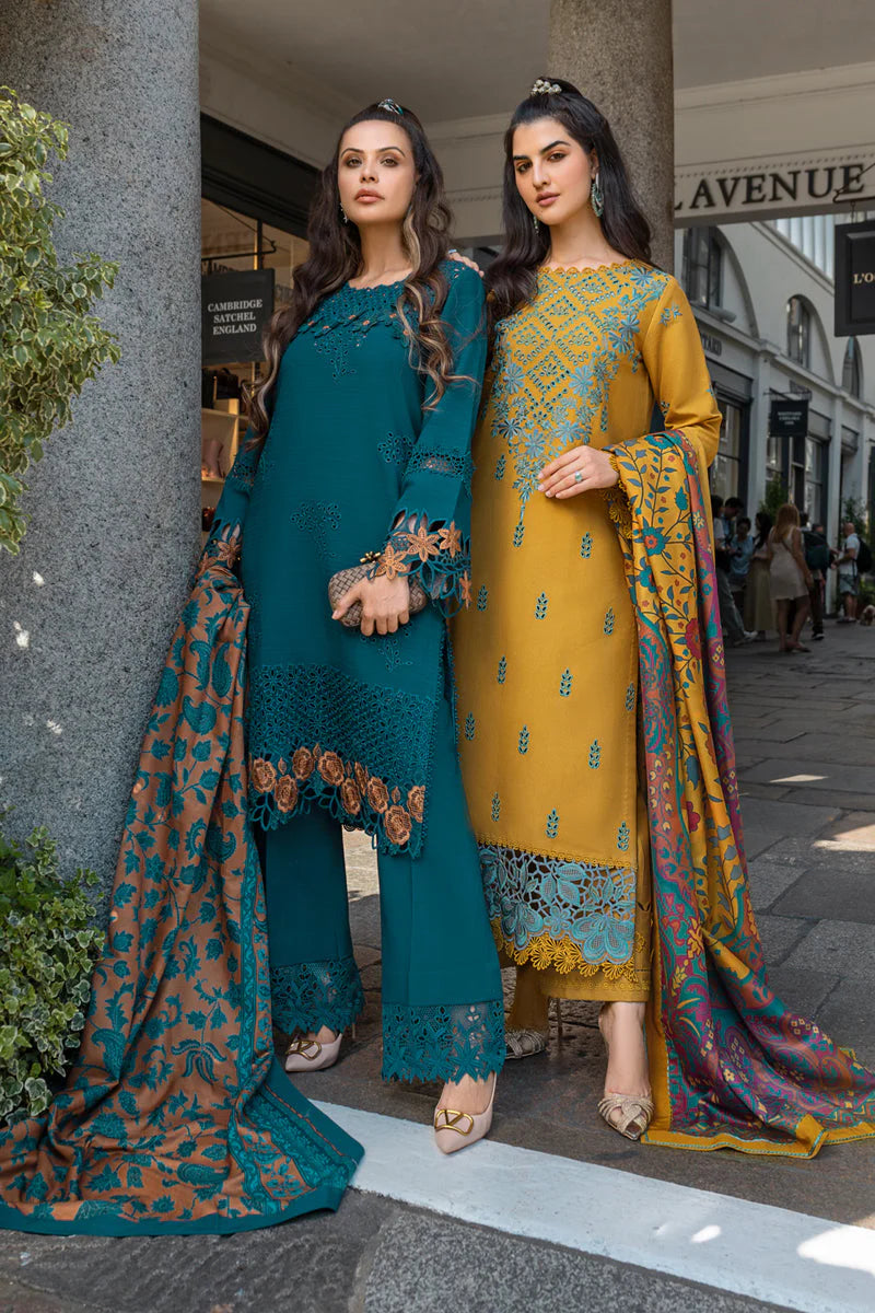 BrandsInn-3PC DHANAK EMBROIDERED SHIRT WITH COURTRAI PRINTED SHAWL AND TROUSER-BI-4183
