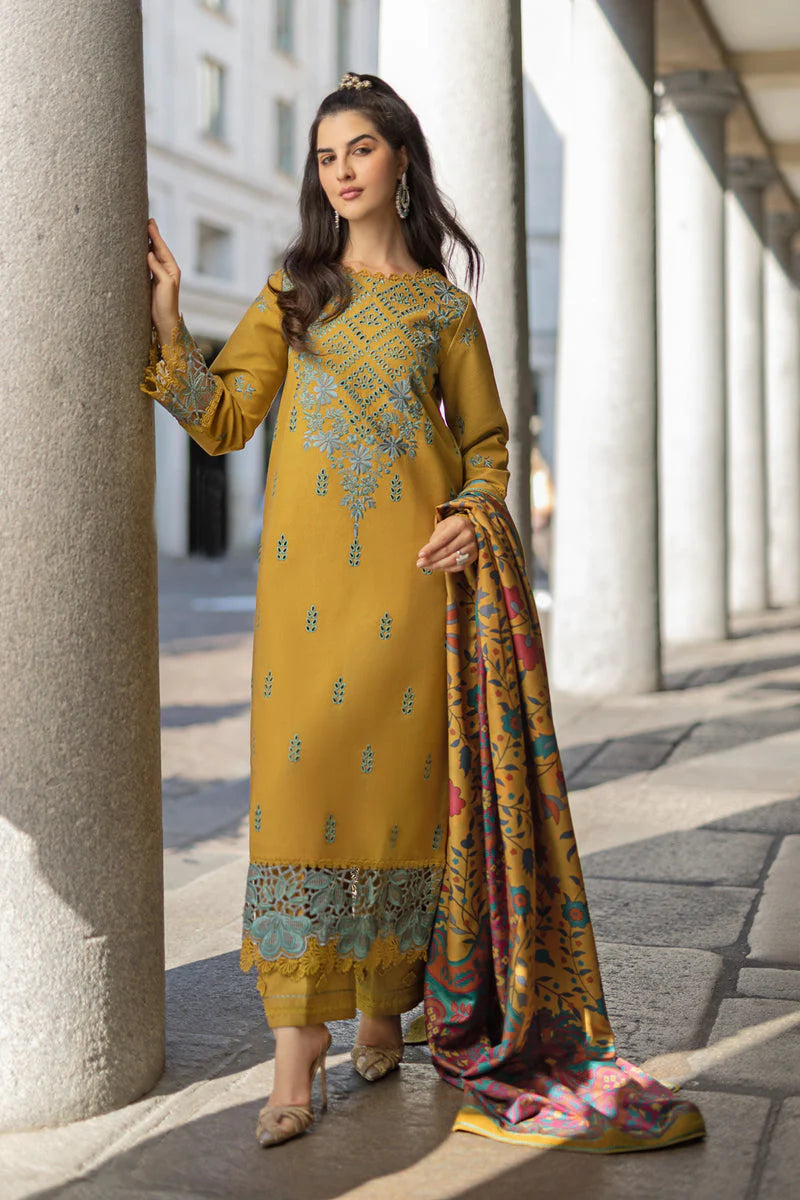 BrandsInn-3PC DHANAK EMBROIDERED SHIRT WITH COURTRAI PRINTED SHAWL AND TROUSER-BI-4183