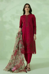 BrandsInn - 3PC LINEN EMBROIDERED WITH ORGANZA EMBROIDERED PRINT DUPATTA- BI-3136