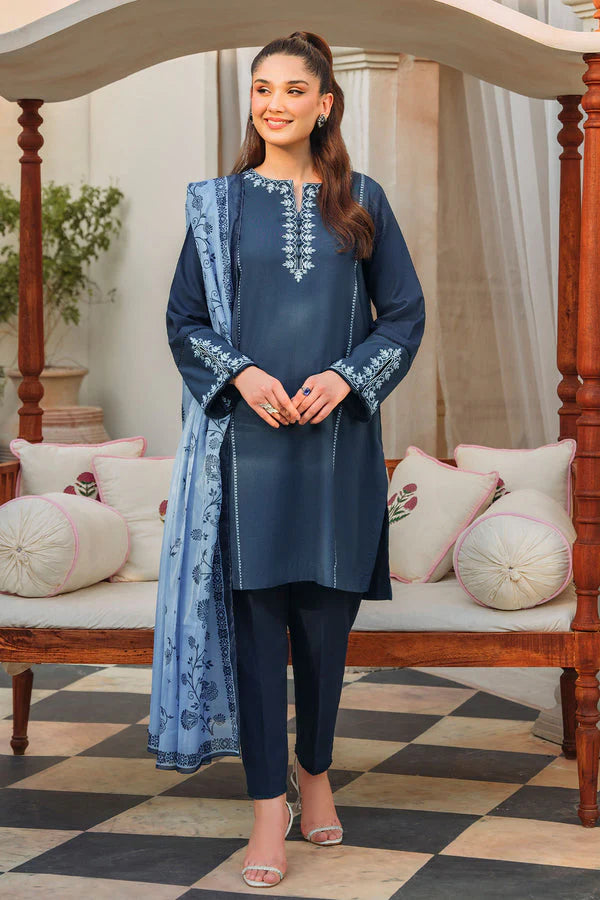 BrandsInn-3PC DHANAK EMBROIDERED SHIRT WITH COUTURE PRINTED SHAWL-BI-4092