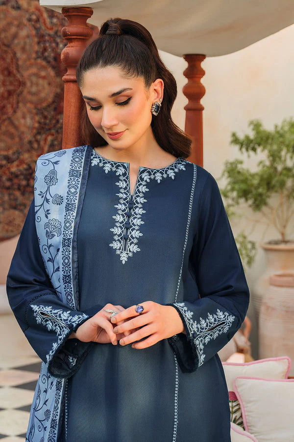 BrandsInn-3PC DHANAK EMBROIDERED SHIRT WITH COUTURE PRINTED SHAWL-BI-4092