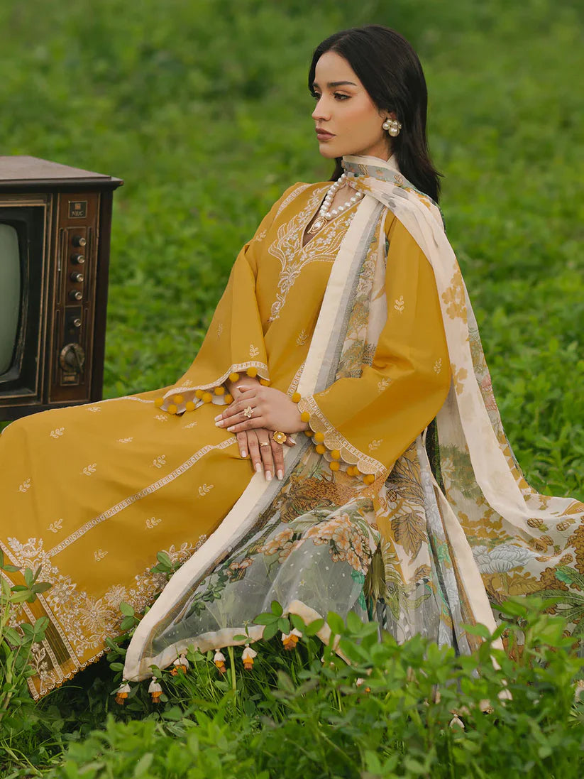 BrandsInn-3PC LAWN EMBROIDERED SHIRT WITH MONARK PRINT DUPATTA AND TROUSER-BI-304