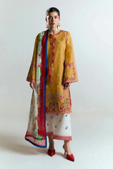 BrandsInn- 3PC DHANAK HEAVY EMBROIDERED SHIRT WITH COURTRAI PRINTED SHAWL AND EMB TROUSER-BI-4212