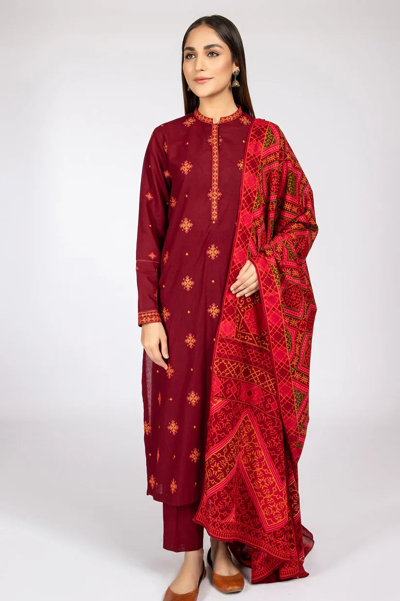 BrandsInn- 3PC DHANAK EMBROIDERED WITH COUTURE WOOL PRINT SHAWL-BI-4093
