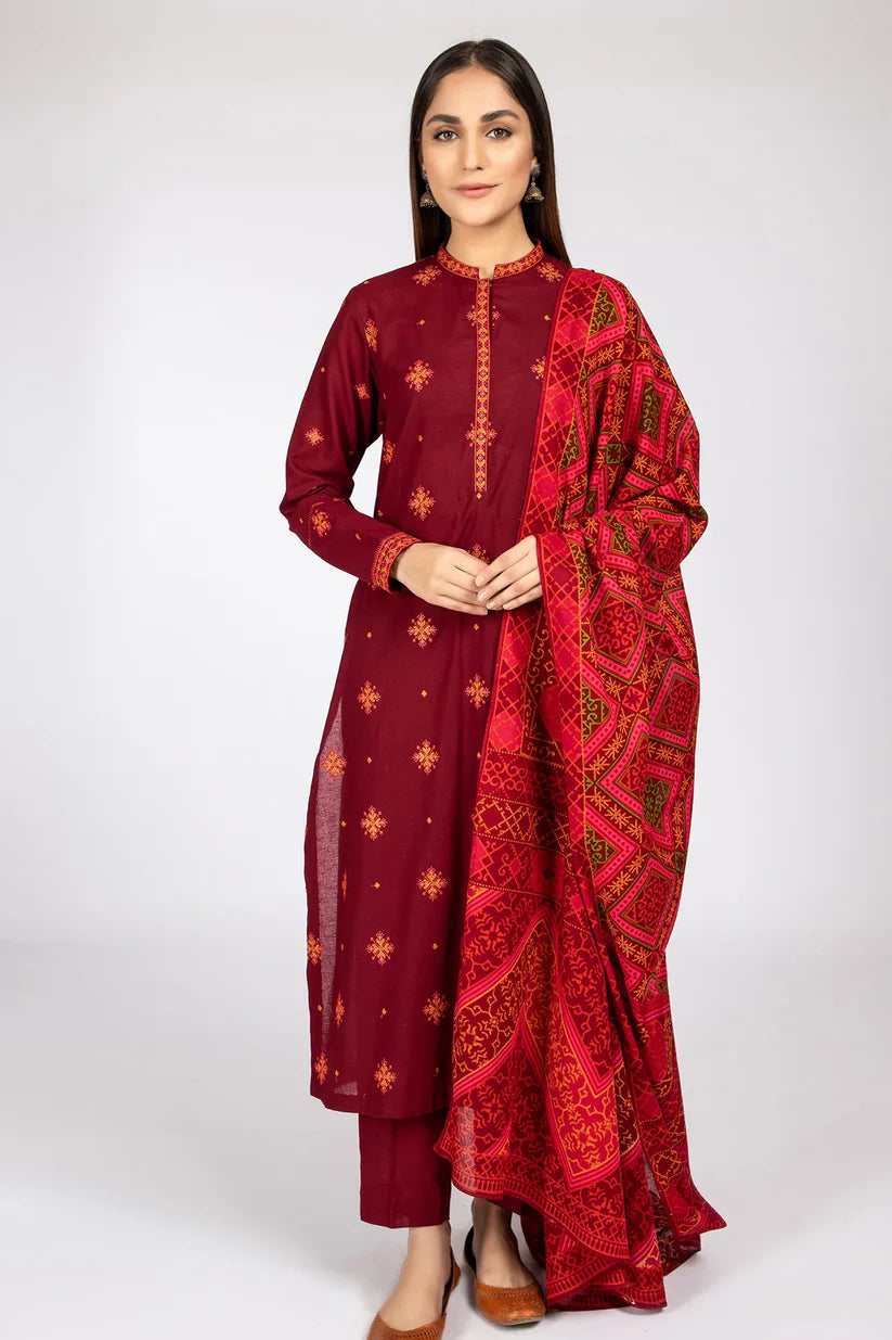 BrandsInn- 3PC DHANAK EMBROIDERED WITH COUTURE WOOL PRINT SHAWL-BI-4093
