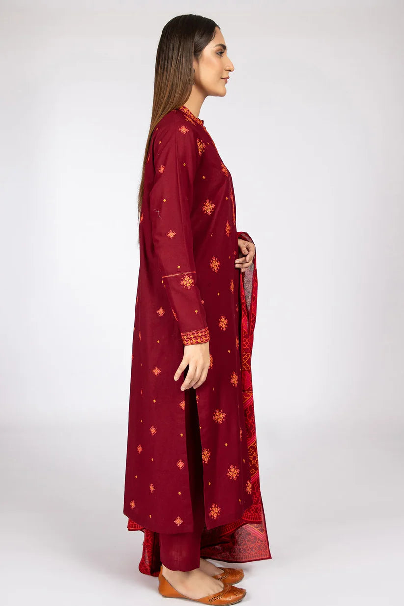 BrandsInn- 3PC DHANAK EMBROIDERED WITH COUTURE WOOL PRINT SHAWL-BI-4093