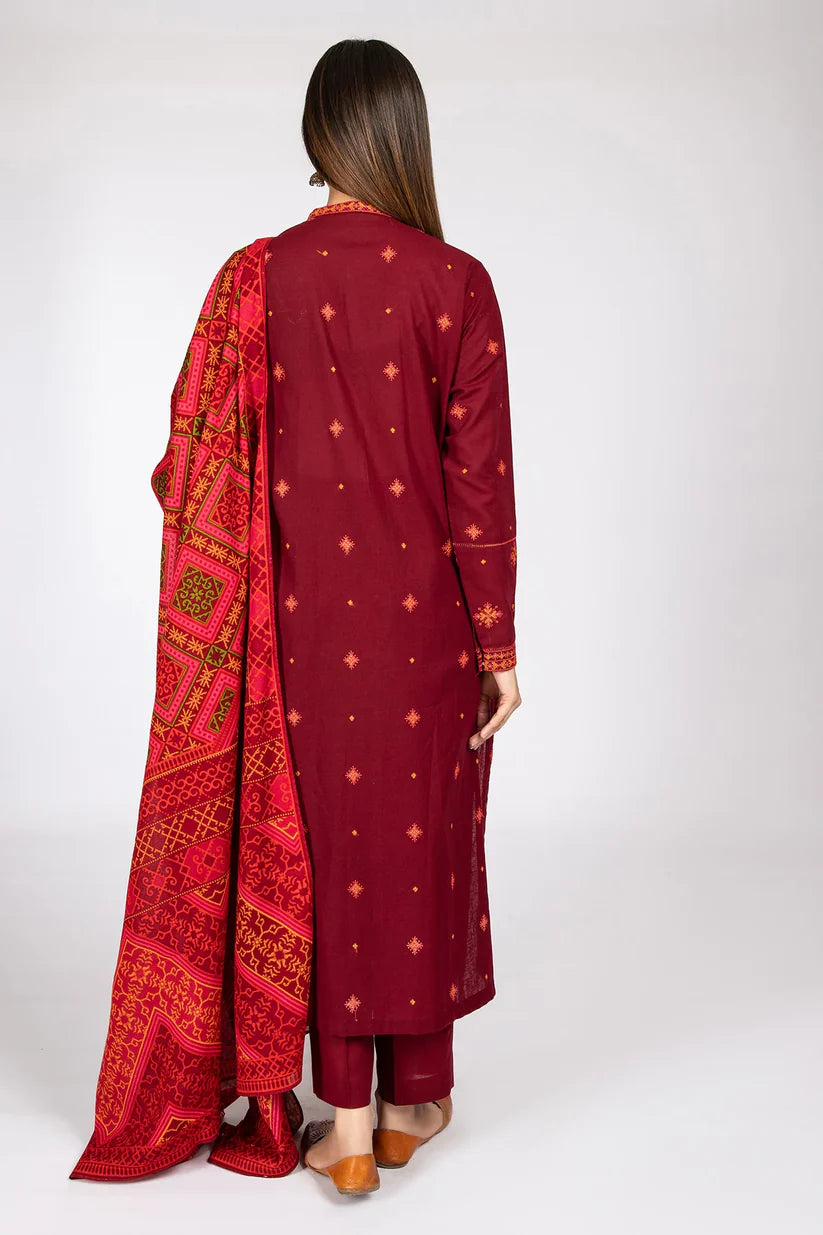 BrandsInn- 3PC DHANAK EMBROIDERED WITH COUTURE WOOL PRINT SHAWL-BI-4093