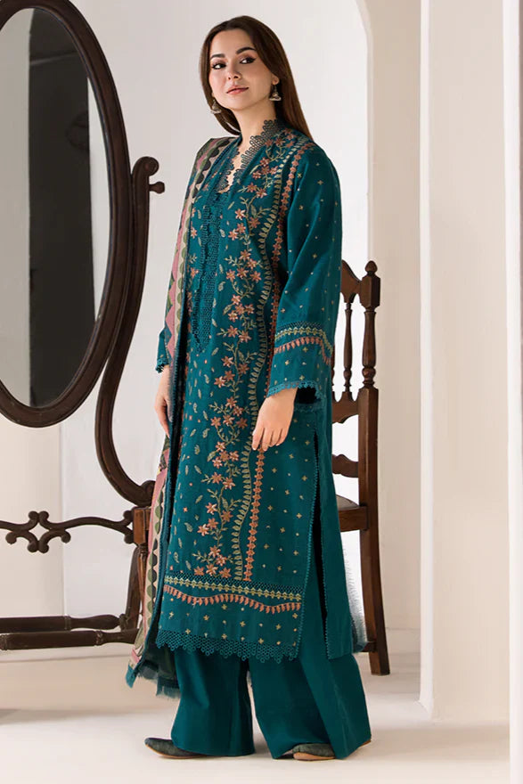 BrandsInn- 3PC DHANAK EMBROIDERED SHIRT WITH WOOL PRINT SHAWL AND TROUSER-BIC-4027