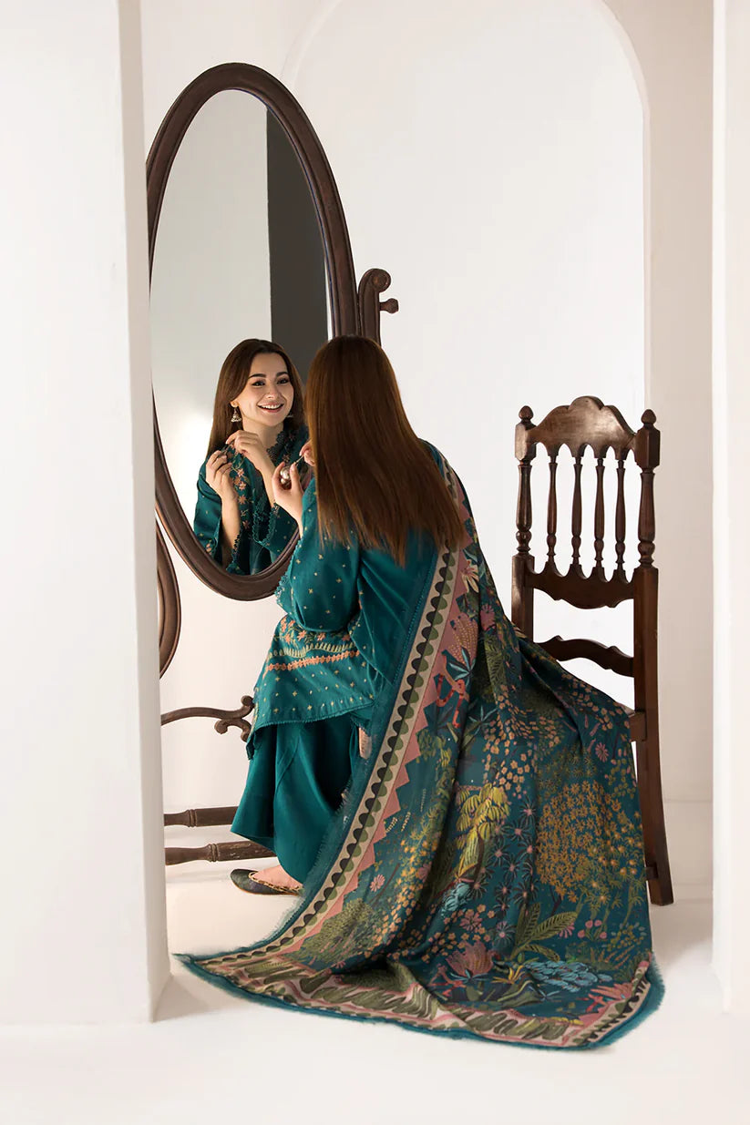 BrandsInn- 3PC DHANAK EMBROIDERED SHIRT WITH WOOL PRINT SHAWL AND TROUSER-BIC-4027