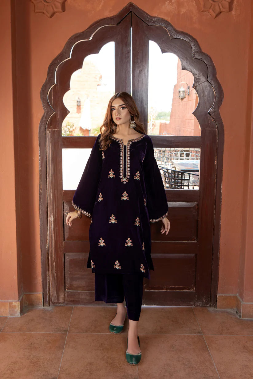 BRANDSINN - 2PC VELVET HEAVT EMBROIDERED SHIRT WITH VELEVT EMBROIDERED SLEEVES & VELVET TROUSER-BIC-D22 MICROO 9000-BI-4038