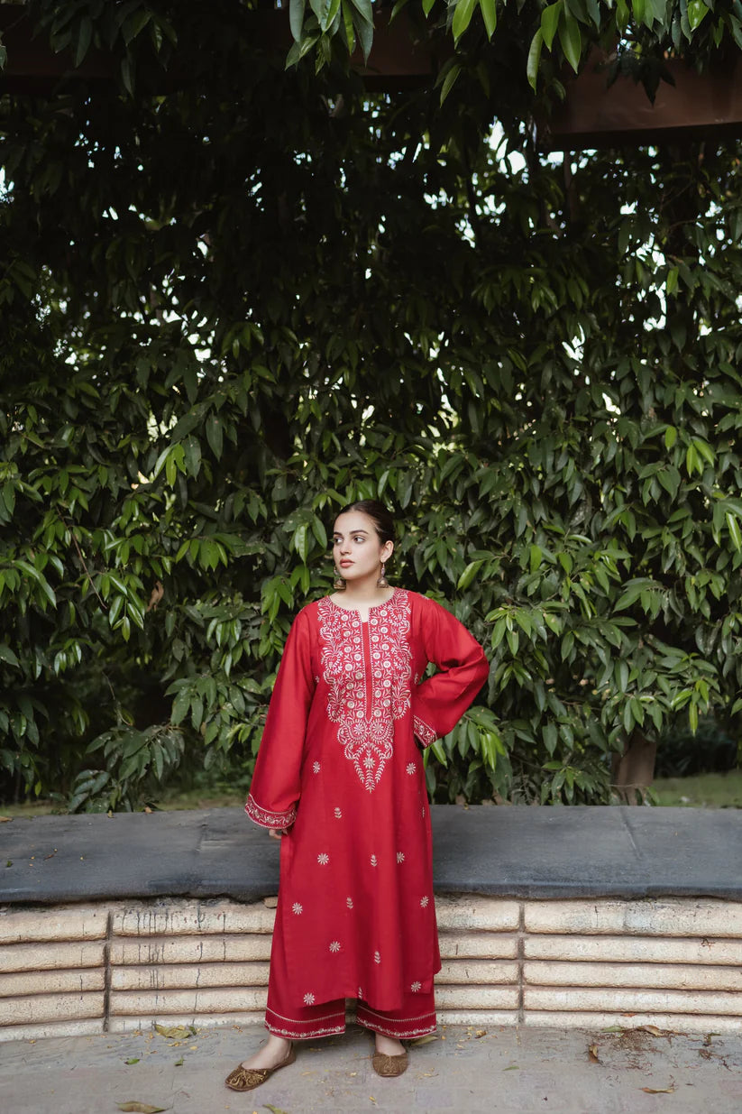 URGE-2PC DHANAK EMBROIDRED SHIRT WITH AND EMBROIDRED TROUSER-BI-4058