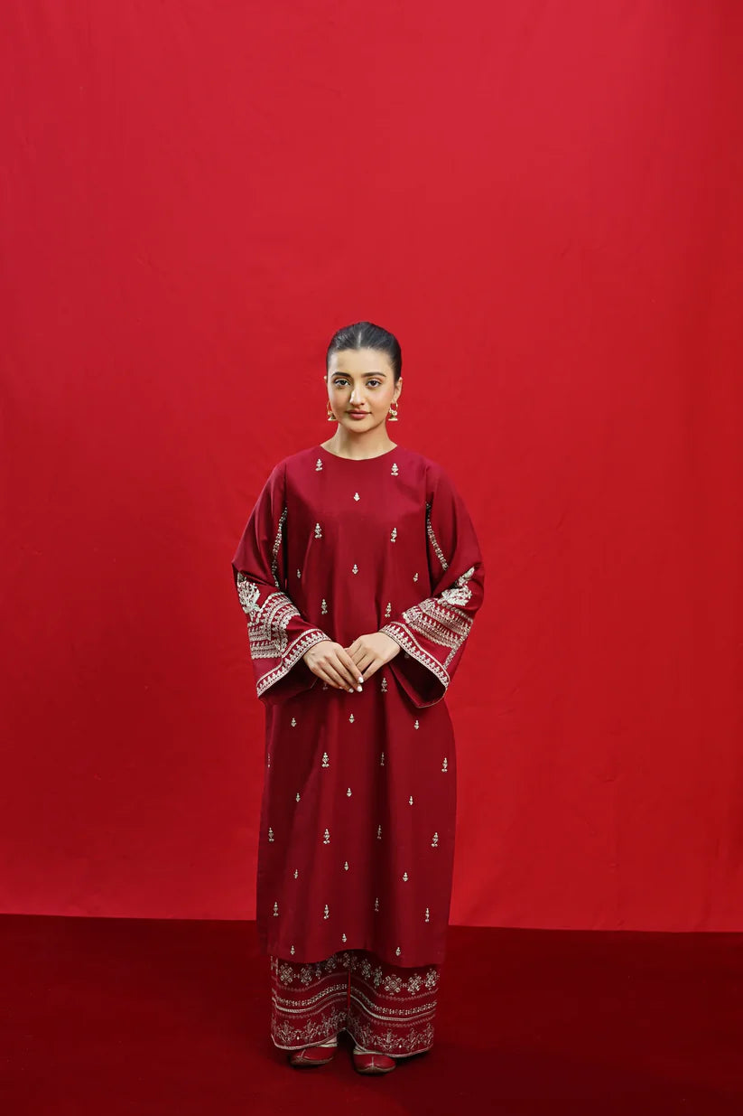 BrandsInn-3PC DHANAK EMBROIDERED SHIRT WITH COUTURE PRINTED SHAWL & EMB TROUSER-BI-4110