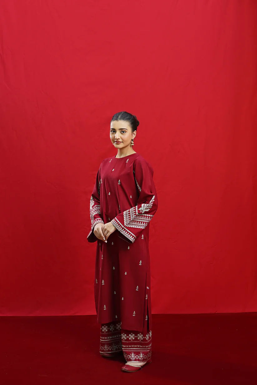 BrandsInn-3PC DHANAK EMBROIDERED SHIRT WITH COUTURE PRINTED SHAWL & EMB TROUSER-BI-4110