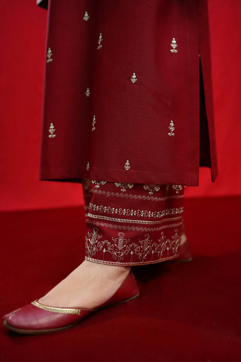 BrandsInn-3PC DHANAK EMBROIDERED SHIRT WITH COUTURE PRINTED SHAWL & EMB TROUSER-BI-4110