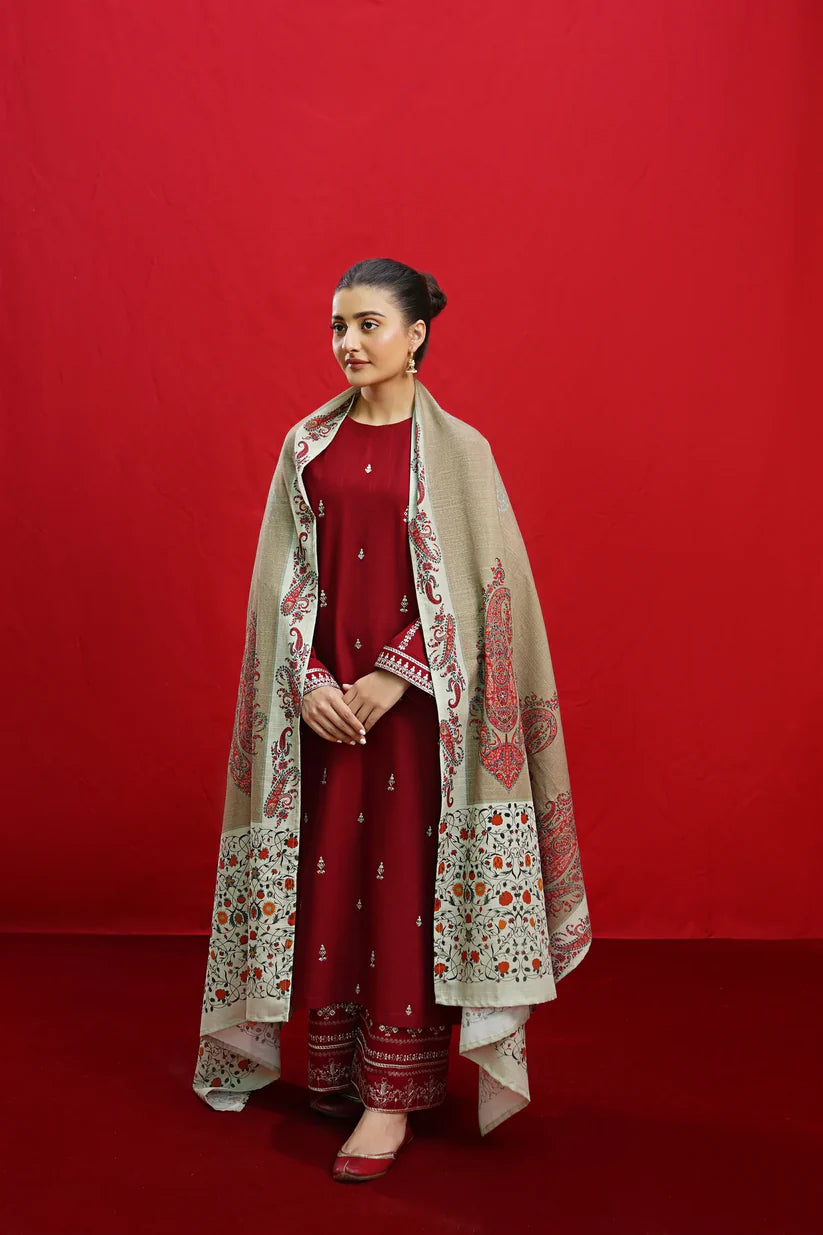 BrandsInn-3PC DHANAK EMBROIDERED SHIRT WITH COUTURE PRINTED SHAWL & EMB TROUSER-BI-4110