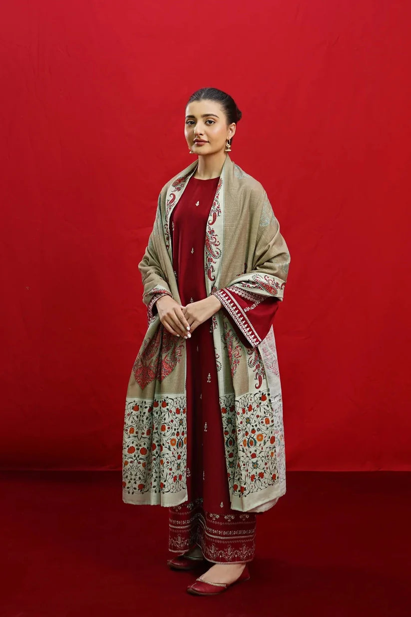 BrandsInn-3PC DHANAK EMBROIDERED SHIRT WITH COUTURE PRINTED SHAWL & EMB TROUSER-BI-4110