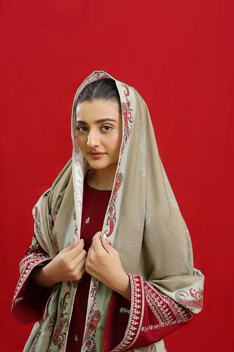 BrandsInn-3PC DHANAK EMBROIDERED SHIRT WITH COUTURE PRINTED SHAWL & EMB TROUSER-BI-4110