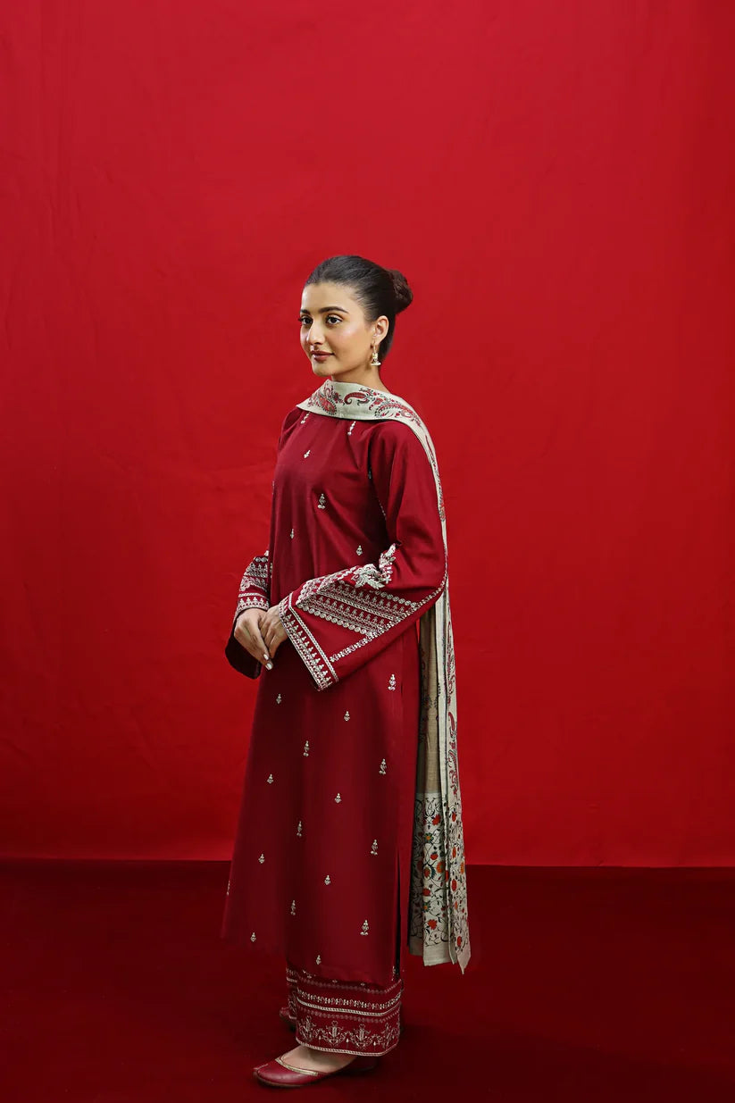 BrandsInn-3PC DHANAK EMBROIDERED SHIRT WITH COUTURE PRINTED SHAWL & EMB TROUSER-BI-4110
