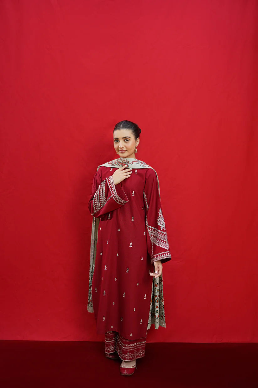 BrandsInn-3PC DHANAK EMBROIDERED SHIRT WITH COUTURE PRINTED SHAWL & EMB TROUSER-BI-4110
