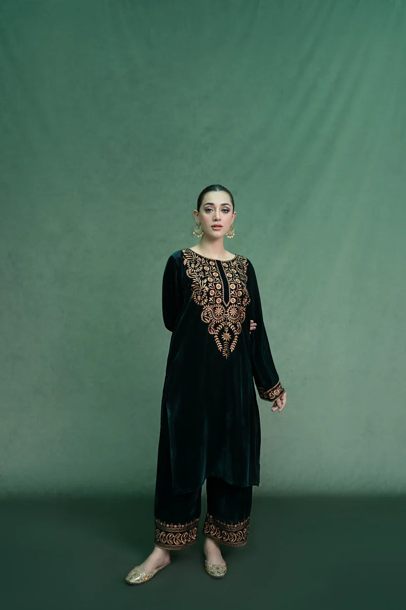 BRANDSINN - 2PC Velvet Heavy Embroidered Shirt With Velvet Heavy Embroidered Trouser -BI-4037