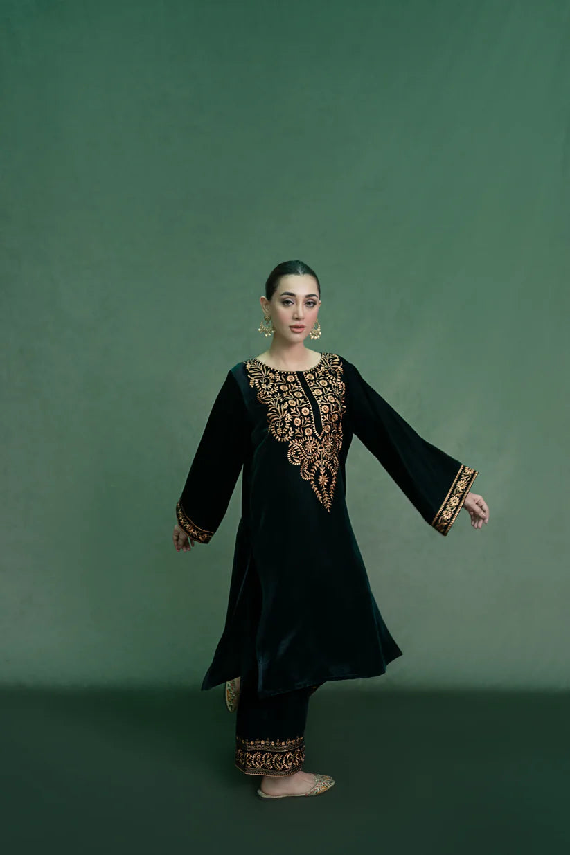 BRANDSINN - 2PC Velvet Heavy Embroidered Shirt With Velvet Heavy Embroidered Trouser -BI-4037
