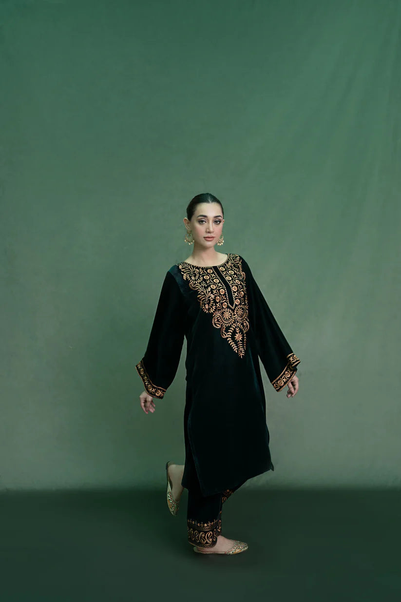BRANDSINN - 2PC Velvet Heavy Embroidered Shirt With Velvet Heavy Embroidered Trouser -BI-4037