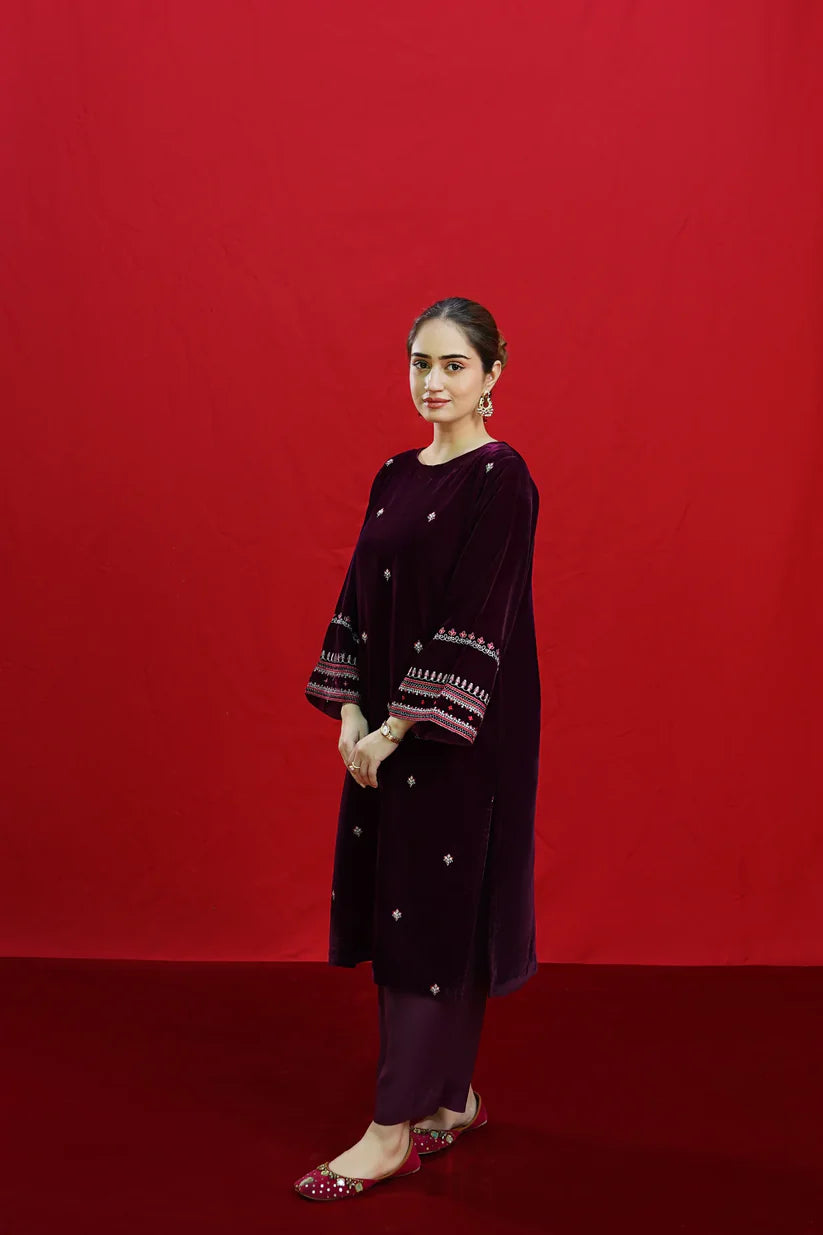 BrandsInn-2PC VELVET EMBROIDERED SHIRT WITH VELEVT EMBROIDERED SLEEVES-D-19-MICROO-9000-BIC-4023