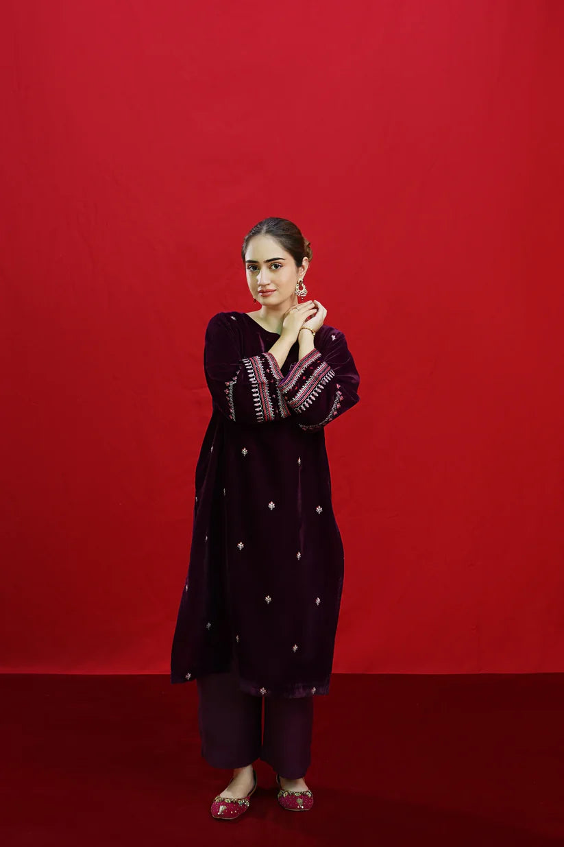 BrandsInn-2PC VELVET EMBROIDERED SHIRT WITH VELEVT EMBROIDERED SLEEVES-D-19-MICROO-9000-BIC-4023