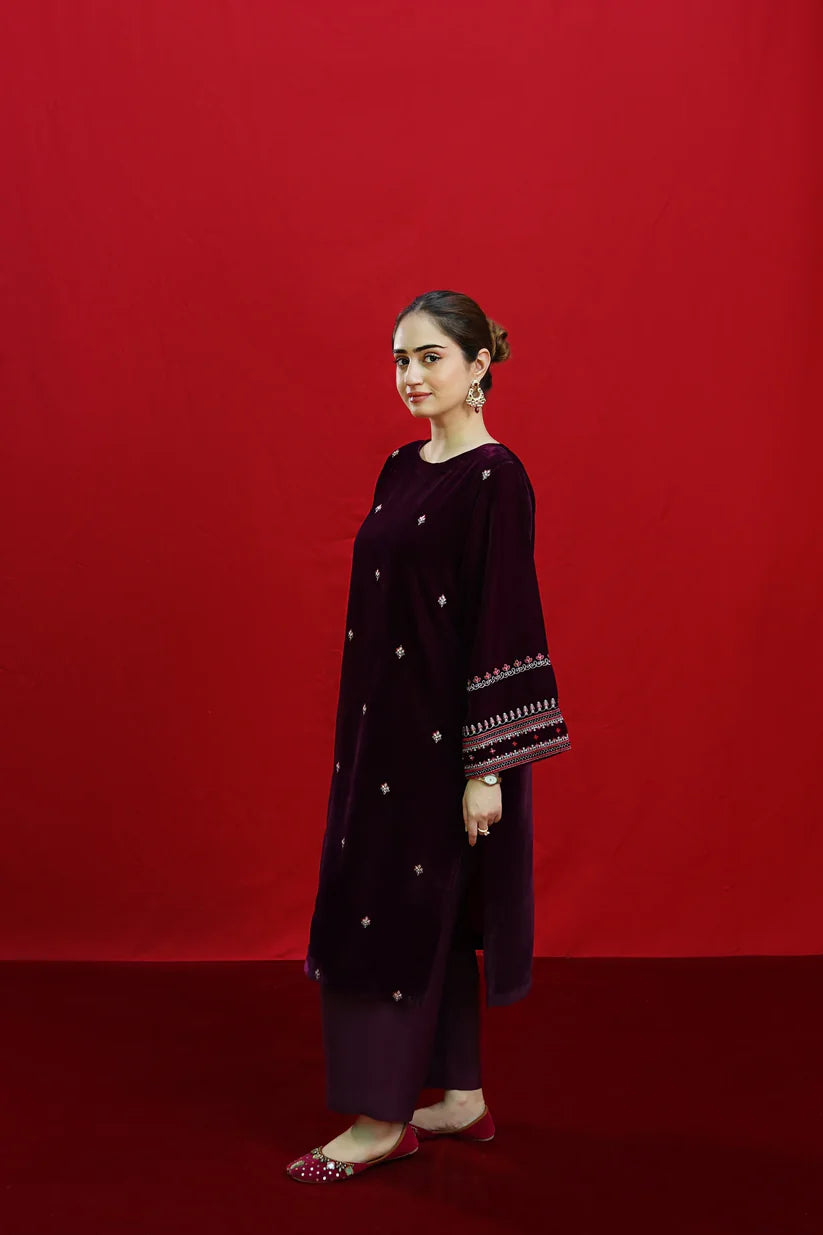 BrandsInn-2PC VELVET EMBROIDERED SHIRT WITH VELEVT EMBROIDERED SLEEVES-D-19-MICROO-9000-BIC-4023