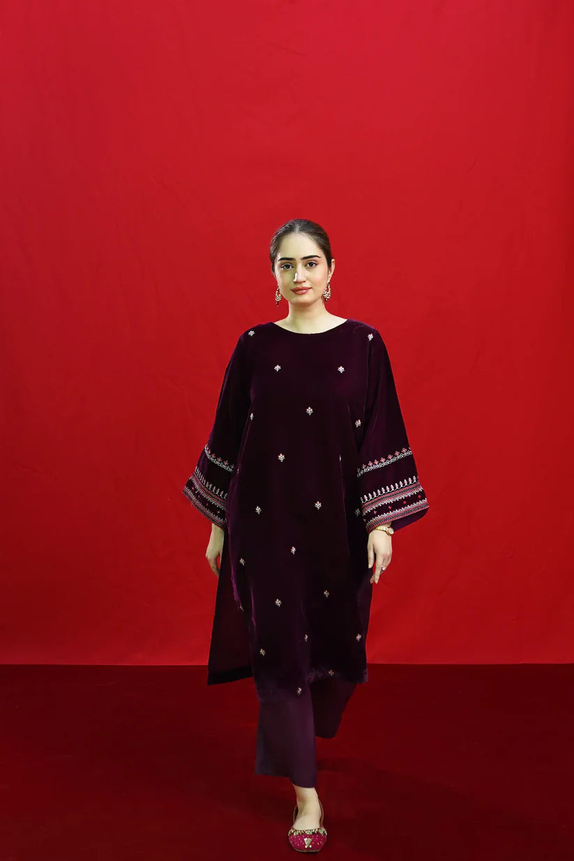 BrandsInn-2PC VELVET EMBROIDERED SHIRT WITH VELEVT EMBROIDERED SLEEVES-D-19-MICROO-9000-BIC-4023