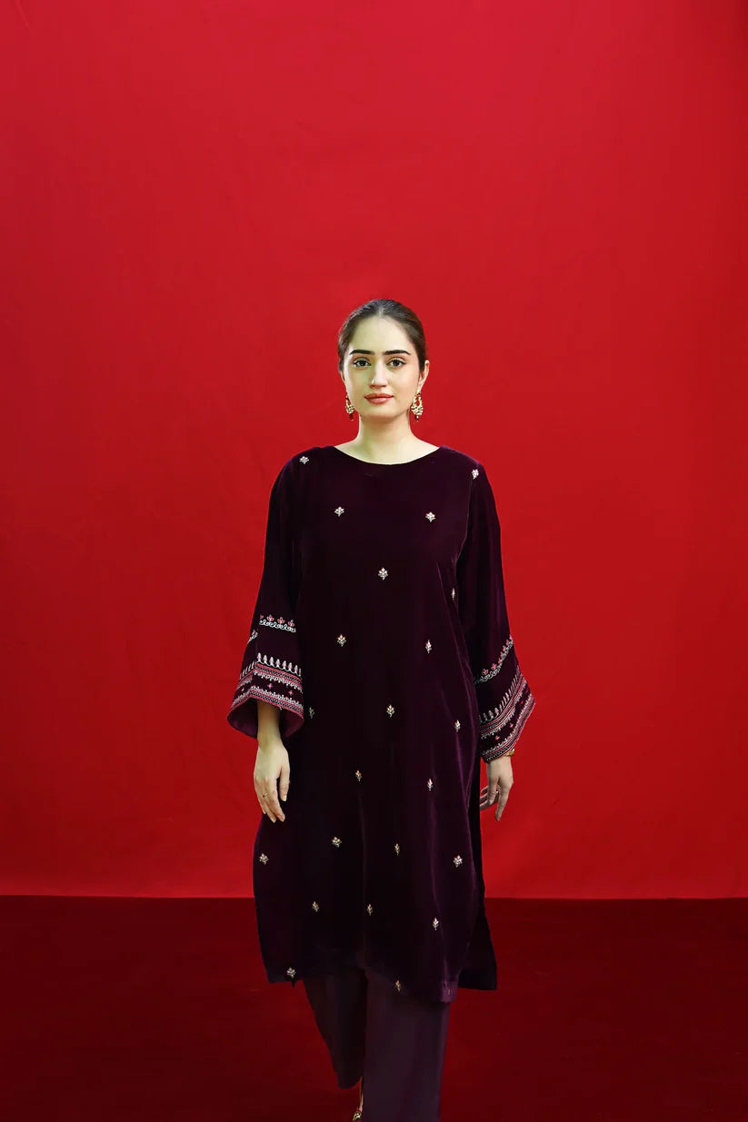 BrandsInn-2PC VELVET EMBROIDERED SHIRT WITH VELEVT EMBROIDERED SLEEVES-D-19-MICROO-9000-BIC-4023