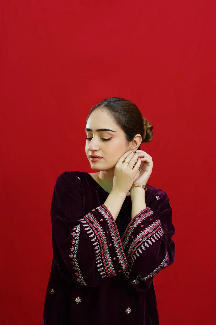 BrandsInn-2PC VELVET EMBROIDERED SHIRT WITH VELEVT EMBROIDERED SLEEVES-D-19-MICROO-9000-BIC-4023