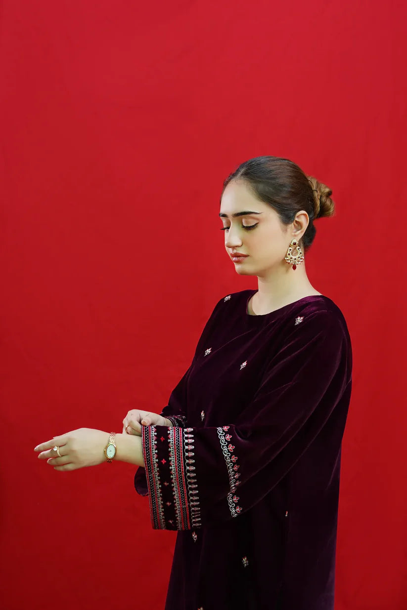 BrandsInn-2PC VELVET EMBROIDERED SHIRT WITH VELEVT EMBROIDERED SLEEVES-D-19-MICROO-9000-BIC-4023