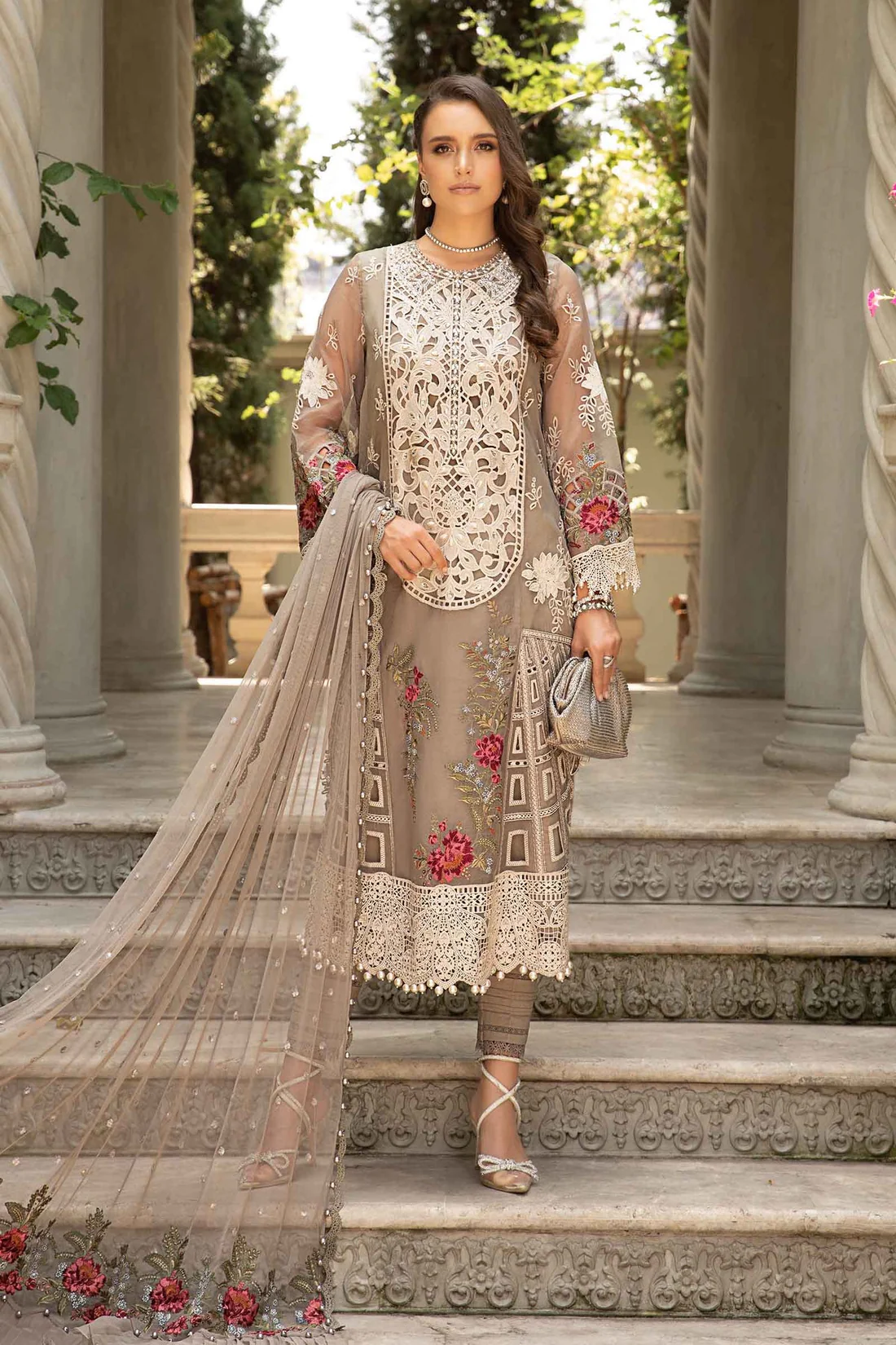 BrandsInn- LAWN 3PC CHIKENKARI EMBROIDERED SHIRT WITH ORGANZA EMBROIDERED READY TO WEAR DUPATTA WITH TROUSER -BI-433