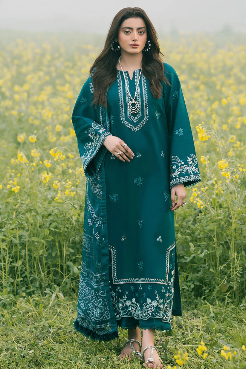 BrandsInn-3PC DHANAK EMBROIDERED SHIRT WITH COURTRAI PRINTED SHAWL AND TROUSER-BI-4107