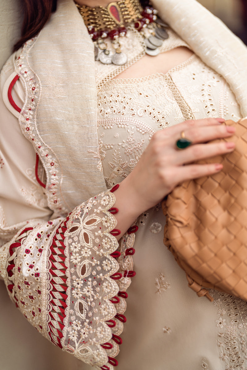 BrandsInn-3PC CHIKANKAARI LAWN CUTWORK EMBROIDERED SHIRT WITH MANAAR EMBROIDERED CUTWORK DUPATTA AND TROUSER-BI-101